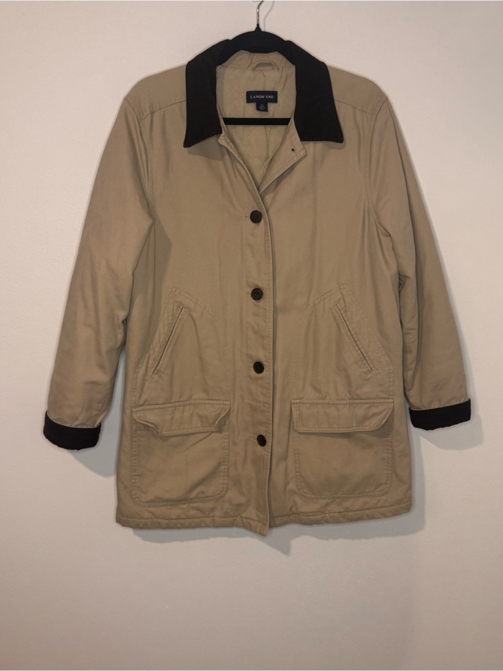 Landsโ End Women M Tan Barn Chore Coat Corduroy Collar Quilted Barn Coat